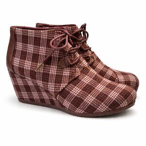 TOMS Kala Burgundy Plaid Wedge Ankle Booties Vintage Check Preppy Chic Size 9